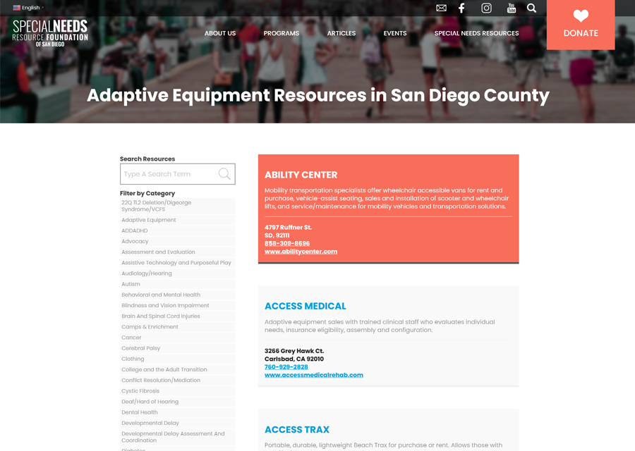 Special Needs Resource Foundation of San Diego Website Design by Guido Media